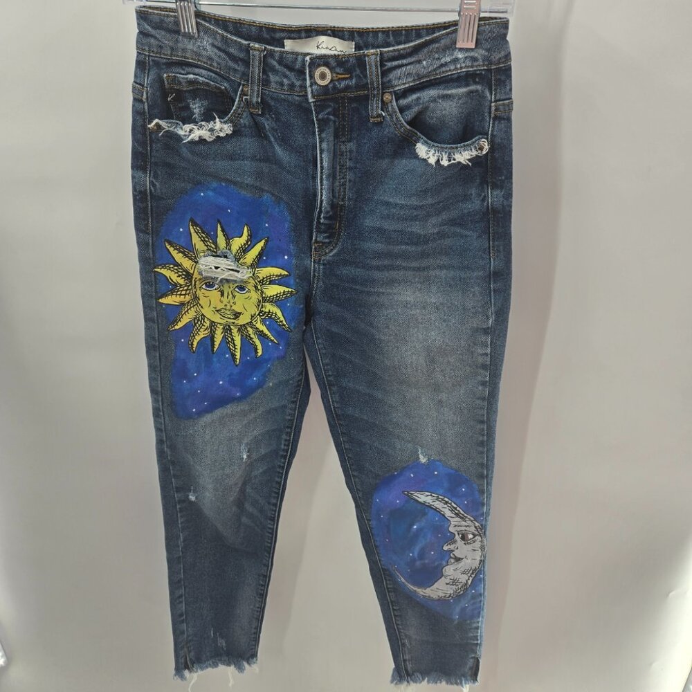 Kancan Blue Sun Moon Painted Distressed Raw Edge Jeans Waist 24 Size 1